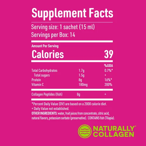 Vista 8 de Suplemento de colágeno marino líquido hidrolizado prémium - 8000 mg de colágeno por bolsita más 180 mg VIT C - Sabor natural de frutas tropicales