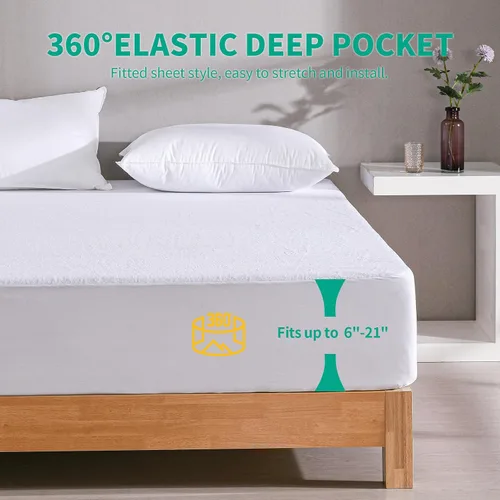 Vista 4 de LAVANCE Protector de colchón impermeable tamaño Queen, rizo de algodón premium, suave, silencioso, lavable, funda de colchón de cama con bolsillo