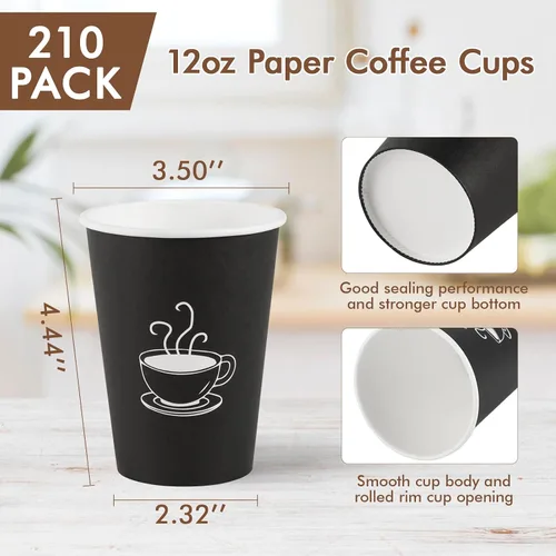 Vista 3 de TV TOPVALUE Paquete de 210 tazas de café de papel de 12 onzas, vasos de papel negro desechables para beber caliente, agua, té, utilizado