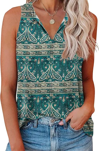 Vista 3 de Soesdemo Camiseta sin mangas para mujer, cuello en V, sin mangas, para verano, casual, holgada, para negocios, bonita, floral, básica