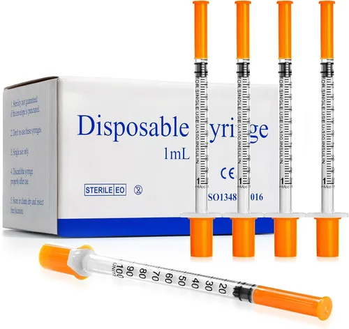 Vista 11 de CAILOS - Jeringa de 30G 0.5ml U-100, 0.5cc, calibre 30, 5/16 de pulgada (8mm), suministros de laboratorio desechables, paquete de 20