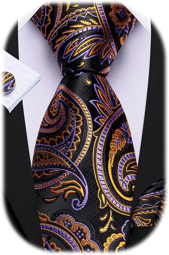 Vista 10 de Barry.Wang Conjunto de corbatas para hombre, seda con diseño de cachemira, corbata tejida formal con pañuelo de bolsillo y gemelos Un Burgandy