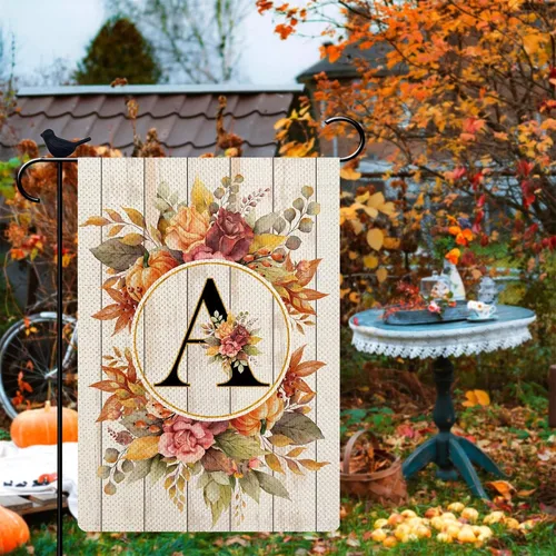 Vista 4 de Bandera de jardín pequeña con monograma con letra A, bandera de arpillera para familia, apellido, inicial, 12.5 x 18 pulgadas, bandera floral