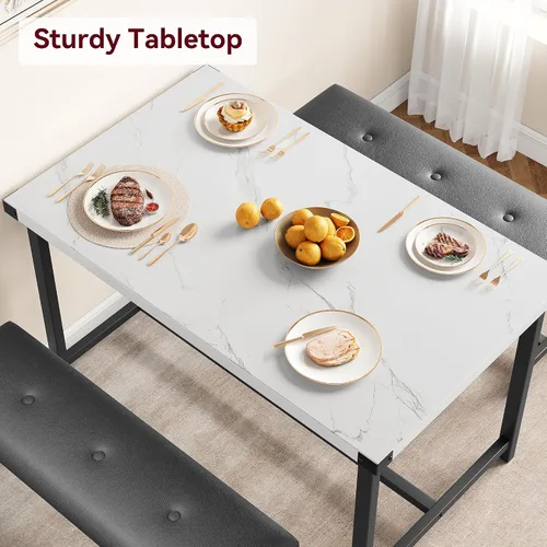 Vista 3 de IDEALHOUSE Juego de mesa de comedor para 4, mesa de cocina con 2 bancos tapizados, juego de mesa de comedor rectangular, juego de mesa de cocina