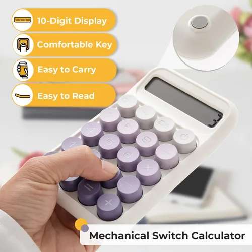 Vista 4 de Y YOMA Paquete de 1 calculadora de interruptor mecánico con pantalla LCD grande de 10 dígitos, botón grande, mini calculadora de escritorio linda