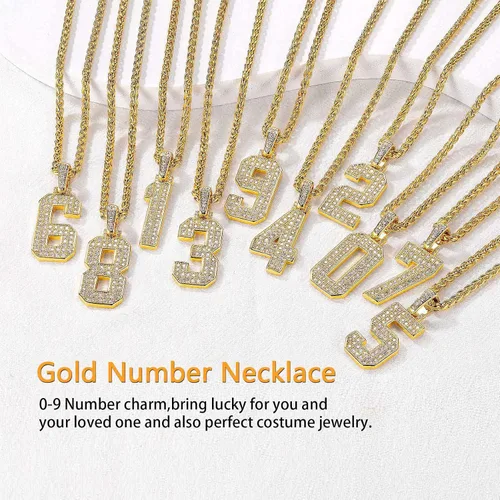 Vista 7 de U7 Initial Number Necklace for Men Women, 18K Gold Plated Bling CZ Iced Out Hip Hop Jersey Number Pendant A-Z 26 Letter Necklace, Number 0-9