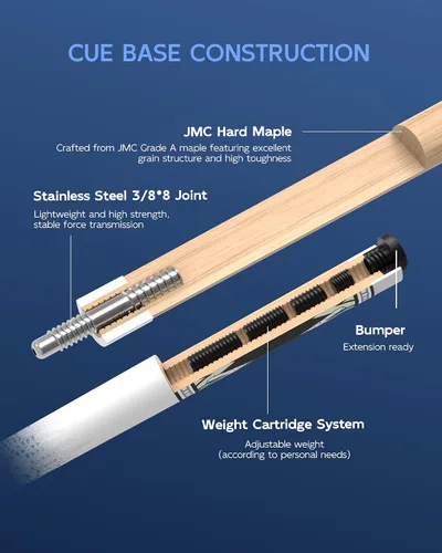 Vista 7 de KONLLEN Maple Pool Cue Stick, Low Deflection with Extension and Case Hard maple shaft, 3/8x8 joint, leather grip, 19-20oz adjustable weight, 8 in
