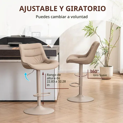Vista 3 de Kidol & Shellder Juego de 2 taburetes de bar ajustables, de piel sintética con respaldo, modernos de mediados de siglo tapizados para isla de Caqui