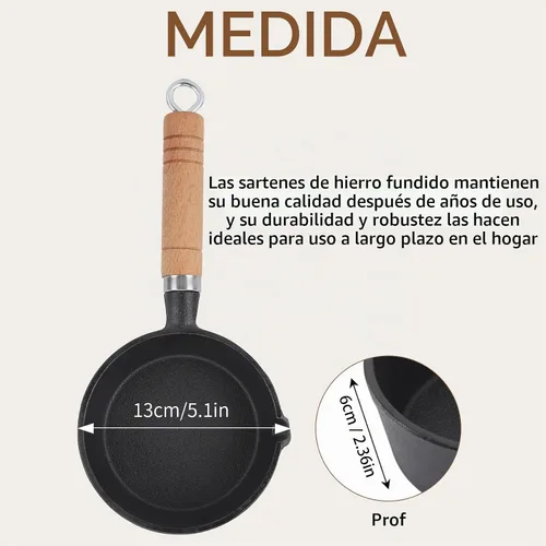 Vista 2 de Mini Sartén para Huevos, Sartén de Hierro Fundido para Tortillas con Mango de Madera, Mini Sartén Pre-Sazonada, Sartén Antiadherente de Hierro