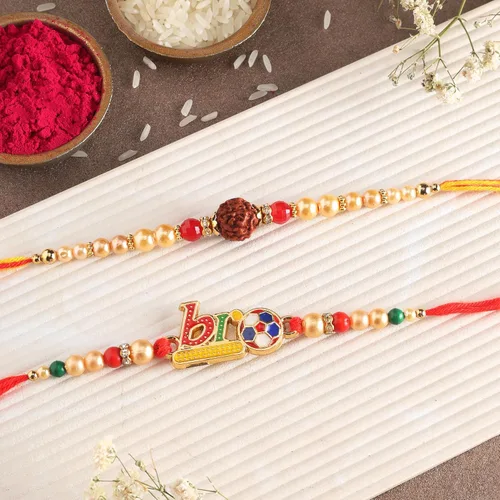 Vista 2 de Rakhi Juego de 2 Rakhi para hermano con tarjeta de felicitación Raksha Bandhan Roli Chawal Tika - Raksha Bandhan Designer Kundan Rakhi para hermano
