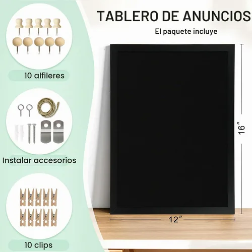 Vista 2 de DOLLAR BOSS - Tablero de corcho negro con lino de doble cara de 16 x 12 pulgadas, para paredes, marco de madera, para colgar, tablero de corcho