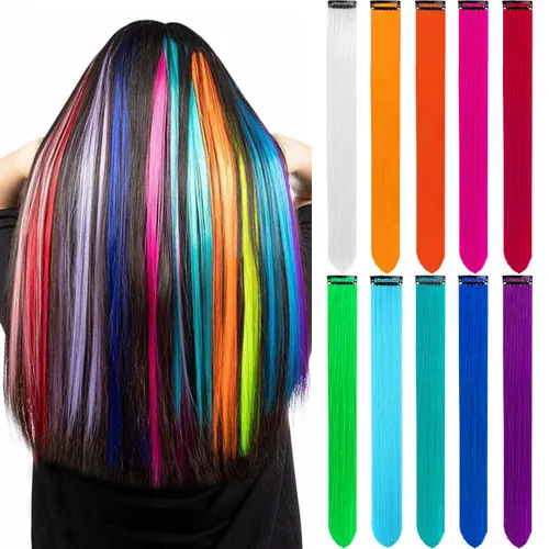 Vista 16 de 20 extensiones de cabello de colores, coloridas extensiones de cabello sintético con clip, extensiones de cabello sintético largo y lacio