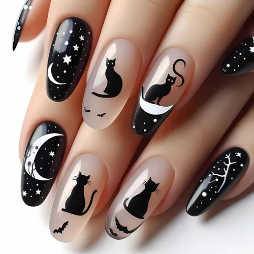 Vista 8 de Uñas postizas de Halloween a presión medianas con diseño de ataúd oscuro gótico embrujado, castillo muerto, diseño de árbol muerto, uñas postizas