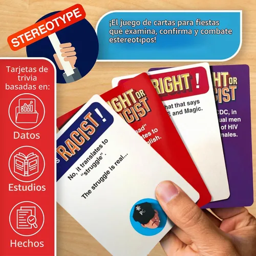 Vista 3 de Juego de fiesta para adultos con texto en inglés "Right or Racist", ideal como regalo de cumpleaños