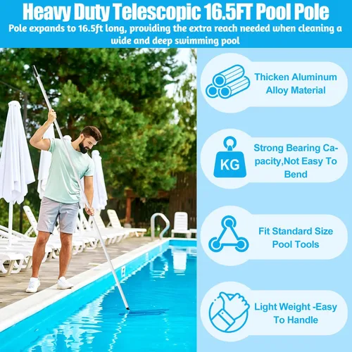 Vista 6 de YEECHUN Poste de piscina profesional de 16.5 pies telescópico de aluminio resistente, longitud ajustable de 6.5 a 16.5 pies, poste universal