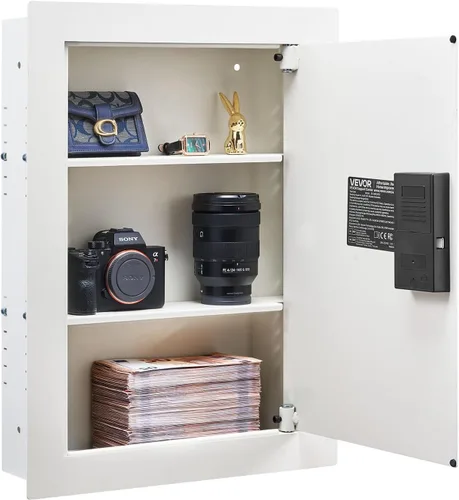 Vista 12 de VEVOR Caja fuerte de pared oculta de 3 niveles con huella digital, contraseña, llave y perilla giratoria, Q235 caja de pared de acero laminado