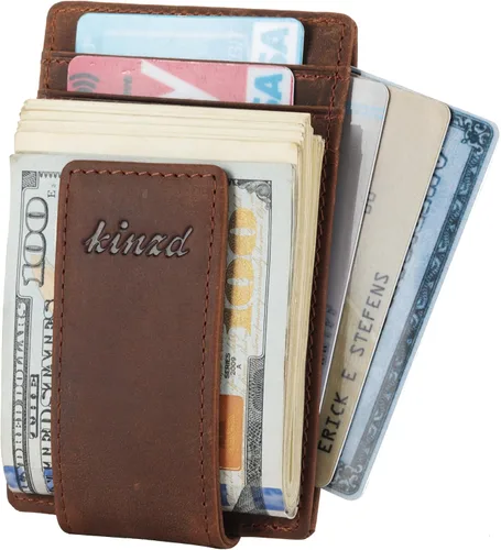 Vista 5 de kinzd Clip para dinero, billetera de bolsillo frontal, cartera delgada de cuero con bloqueo RFID fuerte imán