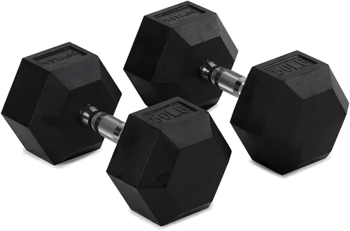 Vista 8 de Titan Fitness Pair Rubber Coated Hex Dumbbells, Roll-Resistant Hexagonal Free Weights, Chrome-Coated Handles with Knurling, Strength Training