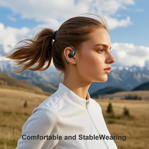 Vista 6 de Auriculares inalámbricos con clip de oreja abierta, Bluetooth 5.4, diseño de oreja abierta, micrófono integrado, impermeable, funda de carga