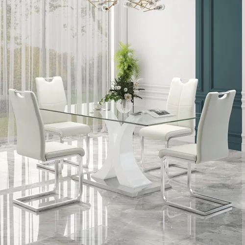 Vista 20 de Juego de comedor moderno de vidrio de lujo de 5 piezas, juego de cena rectangular minimalista grande para 4, juego de mesa de cocina de vidrio