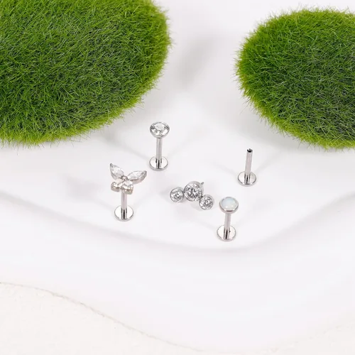 Vista 2 de NICEIGHT 4 aretes de titanio G23 de 16G sin rosca para labret Monroe, aretes hipoalergénicos para cartílago para orejas sensibles, espalda plana