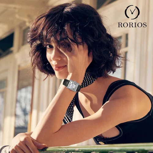 Vista 2 de RORIOS Relojes para mujer, cuadrado, analógico, de cuarzo, con correa de cuero, relojes de diamantes para mujer, reloj de pulsera impermeable