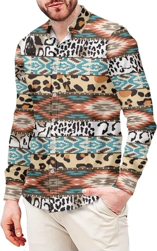 Vista 11 de Camisa azteca con botones para hombre, patrón nativo americano, camisas de manga larga con cuello en V y nación tribal