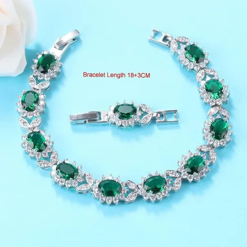 Vista 3 de Juego de joyas de plata de ley 925 para boda, aretes de circón verde, collar, pulsera y anillo para mujer