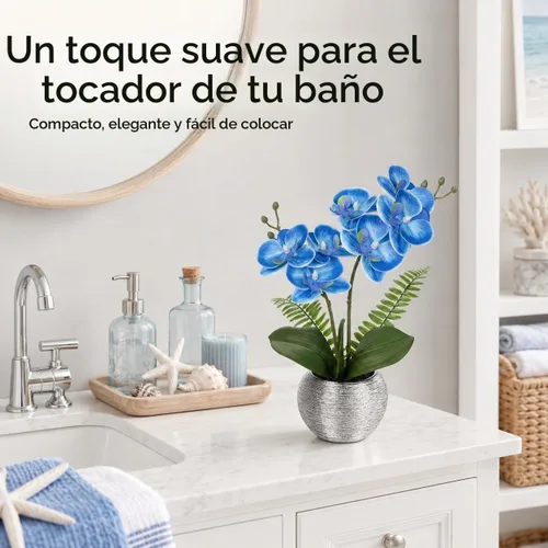 Vista 4 de Briful Pequeñas flores artificiales de orquídeas artificiales de 13 pulgadas en maceta de cerámica plateada, arreglo de orquídeas artificiales