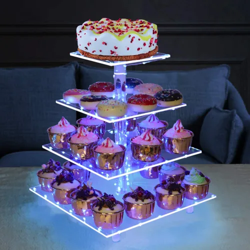 Vista 3 de weddingwish Soporte para cupcakes, soporte cuadrado de acrílico de 4 niveles con cadena de luces LED, torre de postre para pastelería