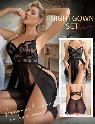 Vista 2 de ADSEXY Sexy Babydoll Lingerie for Women Lace Mesh Chemise Side Slit Nightgown V Neck Sleepwear Plus