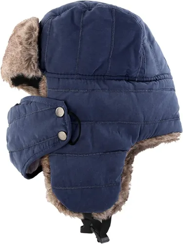 Vista 3 de Connectyle Sombrero de trampero para hombre, cálido sombrero de invierno con máscara facial extraíble, orejeras, piel sintética, sombrero de caza al
