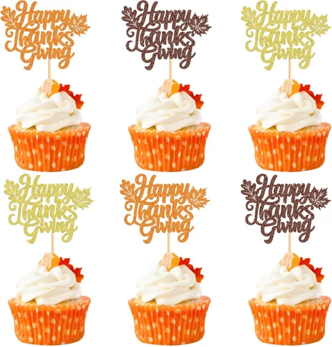 Vista 14 de Ercadio Paquete de 30 adornos para cupcakes con hojas de arce de otoño, purpurina dorada, hojas de arce de otoño, cosecha de otoño, temática de A-Oro