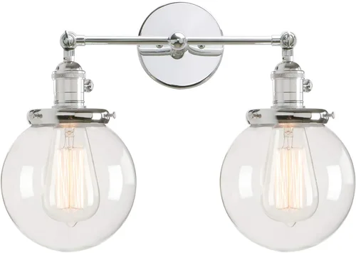 Vista 18 de PERMO Aplique de Pared Industrial Vintage con Mini Pantalla Globo Redonda de Vidrio Transparente Soplado a Mano de 5.9" (Cromado)
