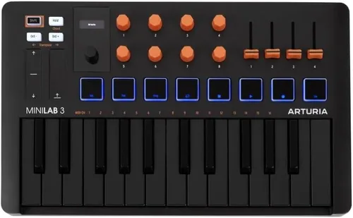 Vista 2 de Arturia MiniLab 3 - Teclado MIDI compacto y controlador de almohadilla Paquete naranja con cable MIDI de 6 pies + paño de limpieza de microfibra