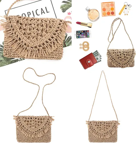 Vista 5 de Women Small Straw Woven Cross-body Shoulder Bag Bohemian Handbag Purse
