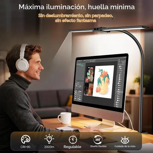 Vista 4 de Syrinx Lámpara de escritorio LED para oficina en casa, lámpara de Iluminación de área amplia para el cuidado de los ojos, cuello de cisne