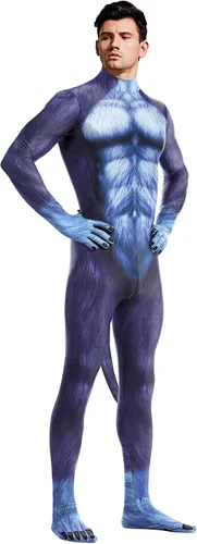 Vista 101 de Disfraz de animal para hombre con estampado de cola grande, overol peludo de elastano para cosplay, fiesta de Halloween