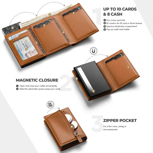 Vista 2 de VULKIT Cartera con tarjetero con bolsillo para monedas, cierre magnético, tarjetas desplegables con ventana para identificación, cartera de cuero