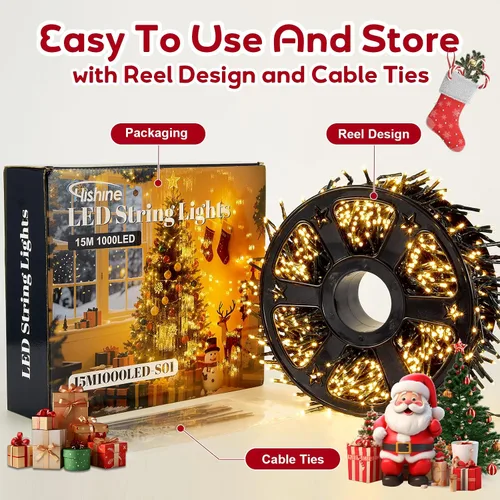 Vista 6 de Hishine Luces de Navidad de 49 pies, 1000 luces LED para exteriores, tira de luces para interiores, 8 modos, impermeable, enchufable, luz de árbol