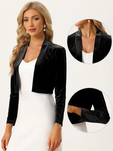 Vista 2 de Allegra K Bolero de terciopelo para mujer, de manga larga, con frente abierto, para cóctel, fiesta, bolero recortado