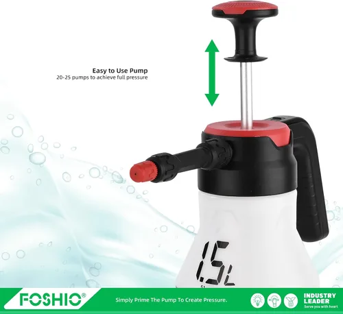 Vista 4 de FOSHIO Pulverizador de bomba de jardín de 0.4 galones, bomba de mano portátil de 1.5L, botellas de pulverización de agua a presión con boquilla