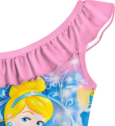 Vista 5 de Traje de baño de princesa para niñas, traje de baño de un solo hombro con gorro de natación