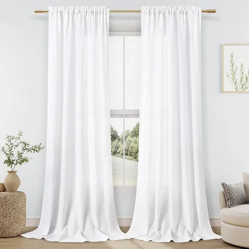 Vista 87 de Cortinas de lino verde aguamarina de 84 pulgadas de largo, juego de 2 paneles semitransparentes con bolsillo para barra para comedor, decoración