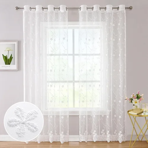 Vista 9 de WUBODTI Cortinas de encaje blanco de lujo de 63 pulgadas de largo, 2 paneles para dormitorio, bonitas cortinas bordadas florales de vid con ojales