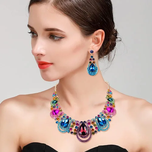 Vista 2 de Women's Costume Statement Necklace Dangle Earrings Set 05-Multicolor Tono Dorado
