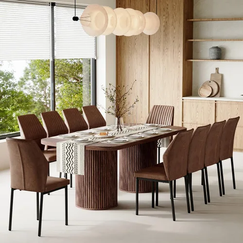Vista 30 de Mesa de comedor extra larga de 78.7 pulgadas para 6-10 personas, mesa de cocina moderna con bases estriadas, mesa de comedor rectangular de granja