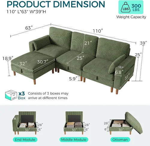 Vista 2 de LINSY HOME Sofá modular modular de 110 pulgadas con almacenamiento, sofá nube de 3 asientos con 1 otomana móvil y 2 almohadas, sofás seccionales