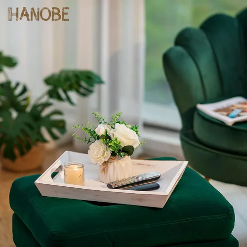 Vista 9 de Hanobe Bandeja decorativa de madera para servir: bandejas otomanas de madera rústica para mesa de café, bandeja rectangular con asas para sala