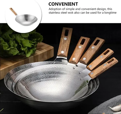 Vista 3 de Luxshiny Wok de acero inoxidable de 13.38 pulgadas con mango de madera, sartén de cocina para el hogar para freír vapor y olla caliente utensilios